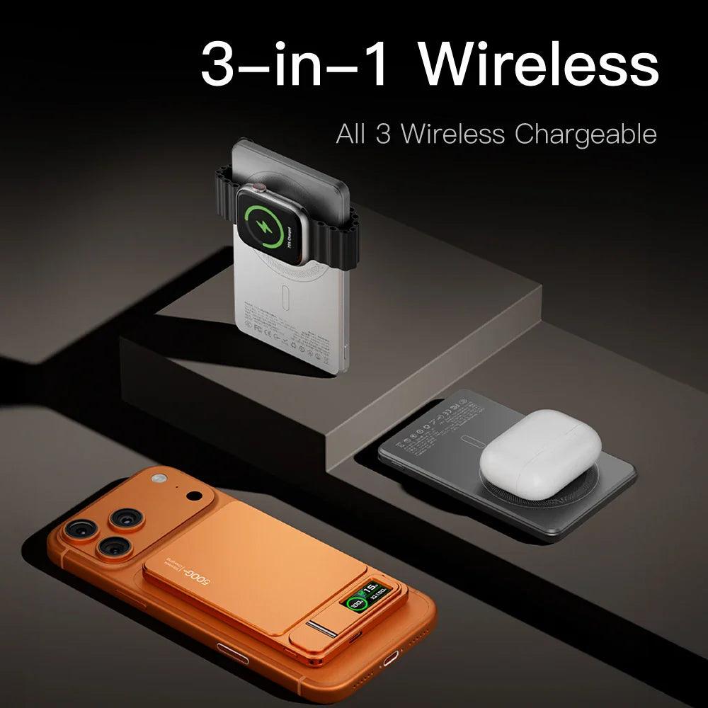 10000mAh Magnetic Wireless Power Bank 20W Fast Charge Slim Portable Battery with Built-in Cables & Phone Stand for Magnetic-Compatible Phones and Smartwatches