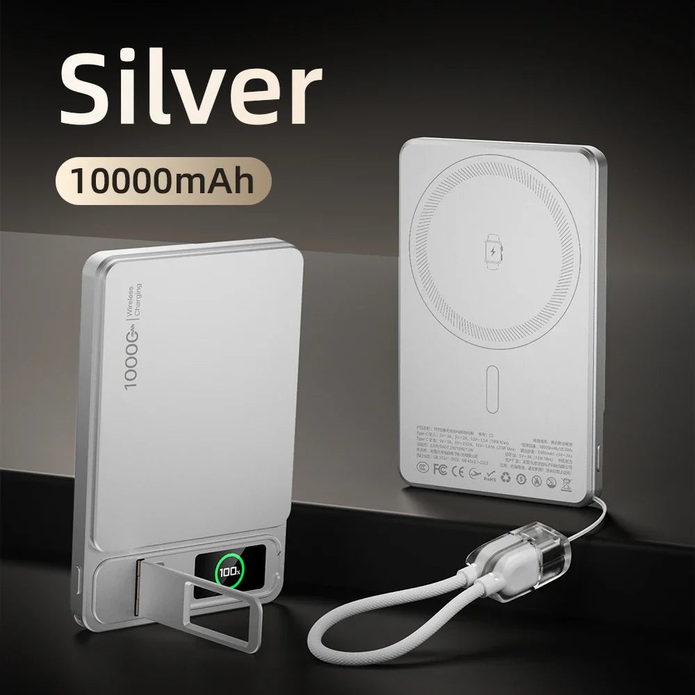 10000mAh Magnetic Wireless Power Bank 20W Fast Charge Slim Portable Battery with Built-in Cables & Phone Stand for Magnetic-Compatible Phones and Smartwatches