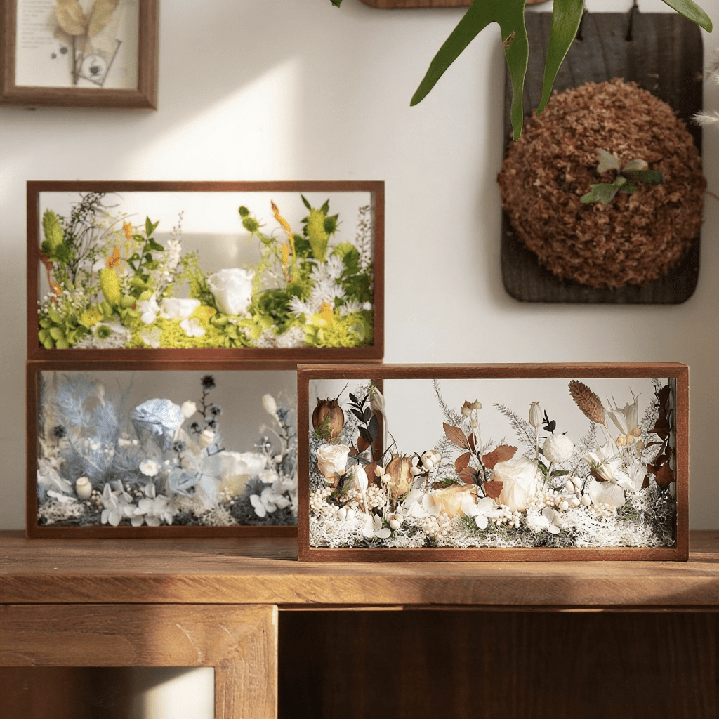 "The Landscape Garden" - Real Preserved Flower Shadow Box (Panoramic Desk Decor)